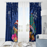 New Zealand Tuatara Christmas Window Curtain Silver Fern and Xmas Pohutukawa Tree Blue Color LT03 - Polynesian Pride