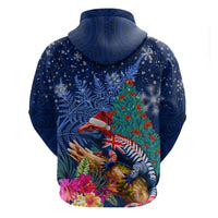 New Zealand Tuatara Christmas Zip Hoodie Silver Fern and Xmas Pohutukawa Tree Blue Color LT03 - Polynesian Pride