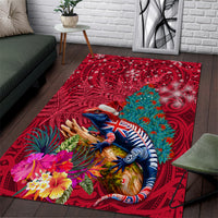 New Zealand Tuatara Christmas Area Rug Silver Fern and Xmas Pohutukawa Tree Red Color LT03 Red - Polynesian Pride