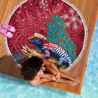 New Zealand Tuatara Christmas Beach Blanket Silver Fern and Xmas Pohutukawa Tree Red Color LT03 - Polynesian Pride