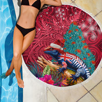 New Zealand Tuatara Christmas Beach Blanket Silver Fern and Xmas Pohutukawa Tree Red Color LT03 - Polynesian Pride