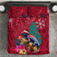 New Zealand Tuatara Christmas Bedding Set Silver Fern and Xmas Pohutukawa Tree Red Color LT03 Red - Polynesian Pride