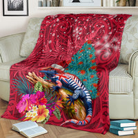 New Zealand Tuatara Christmas Blanket Silver Fern and Xmas Pohutukawa Tree Red Color LT03 - Polynesian Pride