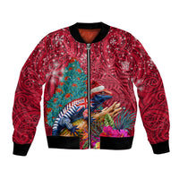 New Zealand Tuatara Christmas Bomber Jacket Silver Fern and Xmas Pohutukawa Tree Red Color LT03 Unisex Red - Polynesian Pride