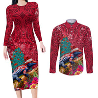 New Zealand Tuatara Christmas Couples Matching Long Sleeve Bodycon Dress and Long Sleeve Button Shirt Silver Fern and Xmas Pohutukawa Tree Red Color LT03 Red - Polynesian Pride