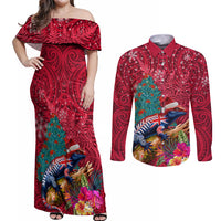 New Zealand Tuatara Christmas Couples Matching Off Shoulder Maxi Dress and Long Sleeve Button Shirt Silver Fern and Xmas Pohutukawa Tree Red Color LT03 Red - Polynesian Pride