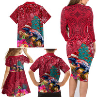 New Zealand Tuatara Christmas Family Matching Long Sleeve Bodycon Dress and Hawaiian Shirt Silver Fern and Xmas Pohutukawa Tree Red Color LT03 - Polynesian Pride