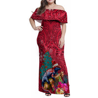 New Zealand Tuatara Christmas Family Matching Off Shoulder Maxi Dress and Hawaiian Shirt Silver Fern and Xmas Pohutukawa Tree Red Color LT03 Mom's Dress Red - Polynesian Pride