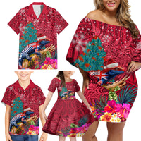 New Zealand Tuatara Christmas Family Matching Off Shoulder Short Dress and Hawaiian Shirt Silver Fern and Xmas Pohutukawa Tree Red Color LT03 - Polynesian Pride