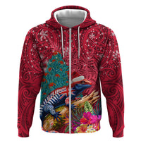 New Zealand Tuatara Christmas Hoodie Silver Fern and Xmas Pohutukawa Tree Red Color LT03 Zip Hoodie Red - Polynesian Pride