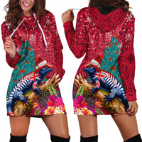 New Zealand Tuatara Christmas Hoodie Dress Silver Fern and Xmas Pohutukawa Tree Red Color LT03 - Polynesian Pride