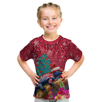 New Zealand Tuatara Christmas Kid T Shirt Silver Fern and Xmas Pohutukawa Tree Red Color LT03 Red - Polynesian Pride