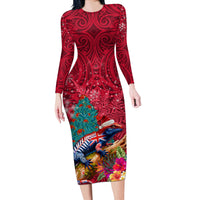 New Zealand Tuatara Christmas Long Sleeve Bodycon Dress Silver Fern and Xmas Pohutukawa Tree Red Color LT03 Long Dress Red - Polynesian Pride