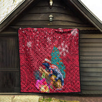 New Zealand Tuatara Christmas Quilt Silver Fern and Xmas Pohutukawa Tree Red Color LT03 - Polynesian Pride