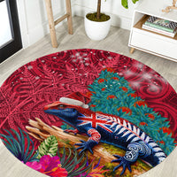 New Zealand Tuatara Christmas Round Carpet Silver Fern and Xmas Pohutukawa Tree Red Color LT03 Red - Polynesian Pride
