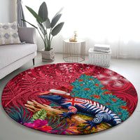 New Zealand Tuatara Christmas Round Carpet Silver Fern and Xmas Pohutukawa Tree Red Color LT03 - Polynesian Pride