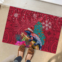 New Zealand Tuatara Christmas Rubber Doormat Silver Fern and Xmas Pohutukawa Tree Red Color LT03 - Polynesian Pride