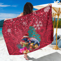 New Zealand Tuatara Christmas Sarong Silver Fern and Xmas Pohutukawa Tree Red Color LT03 One Size 44 x 66 inches Red - Polynesian Pride