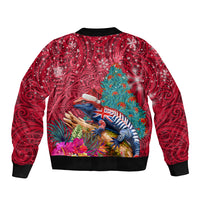 New Zealand Tuatara Christmas Sleeve Zip Bomber Jacket Silver Fern and Xmas Pohutukawa Tree Red Color LT03 - Polynesian Pride