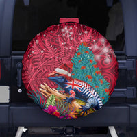 New Zealand Tuatara Christmas Spare Tire Cover Silver Fern and Xmas Pohutukawa Tree Red Color LT03 - Polynesian Pride