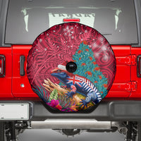 New Zealand Tuatara Christmas Spare Tire Cover Silver Fern and Xmas Pohutukawa Tree Red Color LT03 - Polynesian Pride