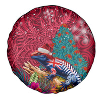 New Zealand Tuatara Christmas Spare Tire Cover Silver Fern and Xmas Pohutukawa Tree Red Color LT03 - Polynesian Pride
