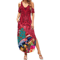 New Zealand Tuatara Christmas Summer Maxi Dress Silver Fern and Xmas Pohutukawa Tree Red Color LT03 Women Red - Polynesian Pride
