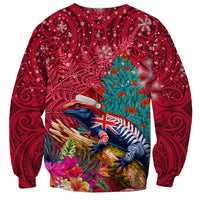 New Zealand Tuatara Christmas Sweatshirt Silver Fern and Xmas Pohutukawa Tree Red Color LT03 - Polynesian Pride