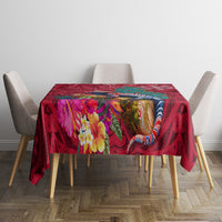 New Zealand Tuatara Christmas Tablecloth Silver Fern and Xmas Pohutukawa Tree Red Color LT03 - Polynesian Pride