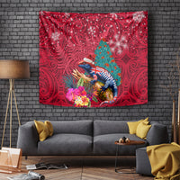 New Zealand Tuatara Christmas Tapestry Silver Fern and Xmas Pohutukawa Tree Red Color LT03 - Polynesian Pride