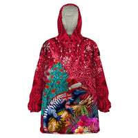 New Zealand Tuatara Christmas Wearable Blanket Hoodie Silver Fern and Xmas Pohutukawa Tree Red Color LT03 One Size Red - Polynesian Pride