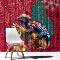 New Zealand Tuatara Christmas Window Curtain Silver Fern and Xmas Pohutukawa Tree Red Color LT03 - Polynesian Pride