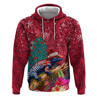 New Zealand Tuatara Christmas Zip Hoodie Silver Fern and Xmas Pohutukawa Tree Red Color LT03 Pullover Hoodie Red - Polynesian Pride