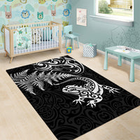 New Zealand Tuatara Tribal Tattoo Area Rug Silver Fern and Maori Pattern Black Color LT03 - Polynesian Pride