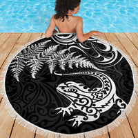 New Zealand Tuatara Tribal Tattoo Beach Blanket Silver Fern and Maori Pattern Black Color LT03 - Polynesian Pride