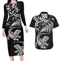 New Zealand Tuatara Tribal Tattoo Couples Matching Long Sleeve Bodycon Dress and Hawaiian Shirt Silver Fern and Maori Pattern Black Color LT03 Black - Polynesian Pride