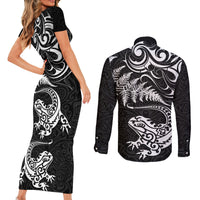 New Zealand Tuatara Tribal Tattoo Couples Matching Short Sleeve Bodycon Dress and Long Sleeve Button Shirt Silver Fern and Maori Pattern Black Color LT03 - Polynesian Pride