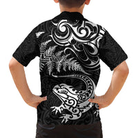 New Zealand Tuatara Tribal Tattoo Family Matching Long Sleeve Bodycon Dress and Hawaiian Shirt Silver Fern and Maori Pattern Black Color LT03 - Polynesian Pride