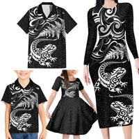 New Zealand Tuatara Tribal Tattoo Family Matching Long Sleeve Bodycon Dress and Hawaiian Shirt Silver Fern and Maori Pattern Black Color LT03 - Polynesian Pride