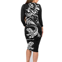 New Zealand Tuatara Tribal Tattoo Family Matching Long Sleeve Bodycon Dress and Hawaiian Shirt Silver Fern and Maori Pattern Black Color LT03 - Polynesian Pride