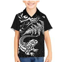 New Zealand Tuatara Tribal Tattoo Family Matching Mermaid Dress and Hawaiian Shirt Silver Fern and Maori Pattern Black Color LT03 Son's Shirt Black - Polynesian Pride
