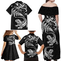 New Zealand Tuatara Tribal Tattoo Family Matching Off Shoulder Maxi Dress and Hawaiian Shirt Silver Fern and Maori Pattern Black Color LT03 - Polynesian Pride