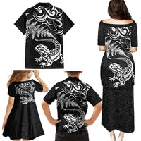 New Zealand Tuatara Tribal Tattoo Family Matching Puletasi and Hawaiian Shirt Silver Fern and Maori Pattern Black Color LT03 - Polynesian Pride