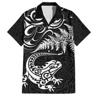 New Zealand Tuatara Tribal Tattoo Family Matching Puletasi and Hawaiian Shirt Silver Fern and Maori Pattern Black Color LT03 Dad's Shirt - Short Sleeve Black - Polynesian Pride