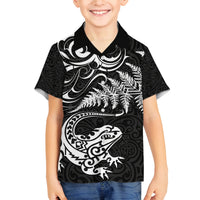 New Zealand Tuatara Tribal Tattoo Family Matching Tank Maxi Dress and Hawaiian Shirt Silver Fern and Maori Pattern Black Color LT03 Son's Shirt Black - Polynesian Pride