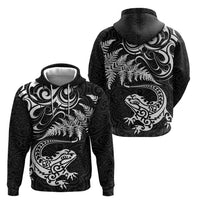 New Zealand Tuatara Tribal Tattoo Hoodie Silver Fern and Maori Pattern Black Color LT03 - Polynesian Pride