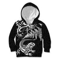 New Zealand Tuatara Tribal Tattoo Kid Hoodie Silver Fern and Maori Pattern Black Color LT03 Hoodie Black - Polynesian Pride
