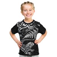 New Zealand Tuatara Tribal Tattoo Kid T Shirt Silver Fern and Maori Pattern Black Color LT03 Black - Polynesian Pride