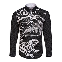 New Zealand Tuatara Tribal Tattoo Long Sleeve Button Shirt Silver Fern and Maori Pattern Black Color LT03 Unisex Black - Polynesian Pride