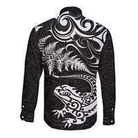 New Zealand Tuatara Tribal Tattoo Long Sleeve Button Shirt Silver Fern and Maori Pattern Black Color LT03 - Polynesian Pride